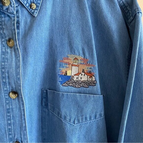 Vintage Enza Denim Button-Up Shirt Embroidery Woman XL Coastal Beach Coquette - Picture 7 of 14